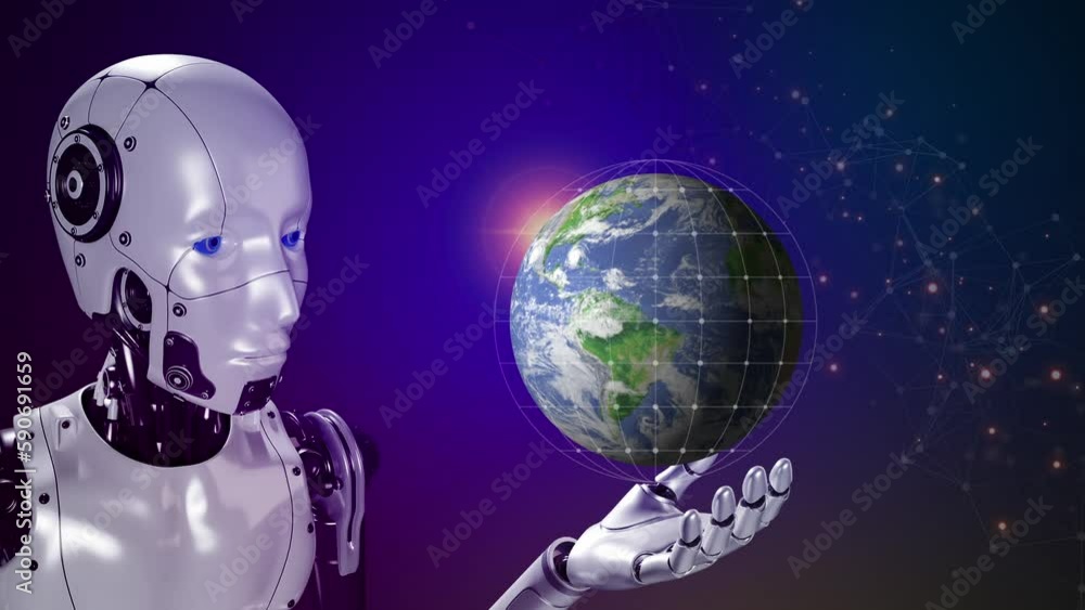 Robot showing virtual earth hologram with connected network. Concept of robot, big data analytic, artificial intelligence, global business and digital link, futuristic interface, innovation technology Robot showing virtual earth hologram with connected network. Concept of robot, big data analytic, artificial intelligence, global business and digital link, futuristic interface, innovation technology