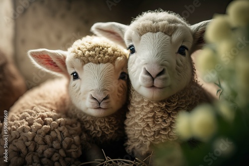 Sheep, Sweet Spring Arrival: Two Newborn Lambs (Ai generated)