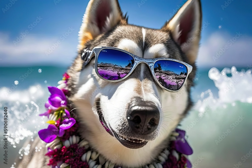 Siberian husky surfing in Sunglasses (Ai generated)