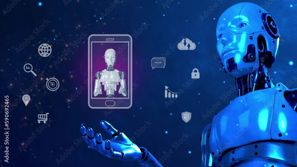 Robot shows AI icon provide access information, digital chat bot concept. Artificial intelligence, machine learning concept, big data, cloud computing, computer network and innovation technology.