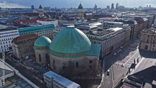 Drone shot of St. Hedwig's Cathedral ( St. Hedwigs Kathedrale ) on Bebelplatz in the historic centre of Berlin , Germany photo