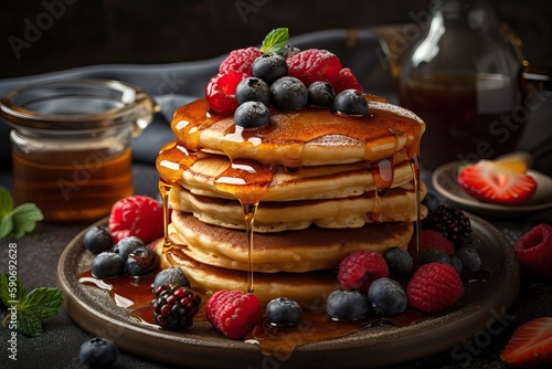 Fluffy Pancakes Topped with Fresh Berries  Ai generated 