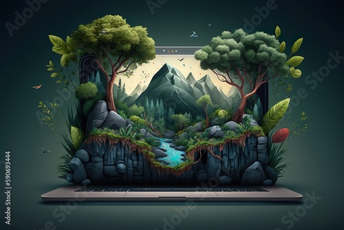 The scene showcases the possibility of combining technology and nature in imaginative ways with a beautiful landscape showing in a laptop.. Generative AI