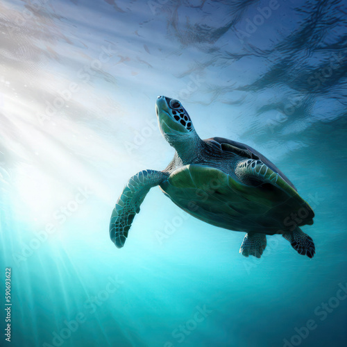 Sea turtle in the turquoise ocean water, sunlight shining above, generative AI