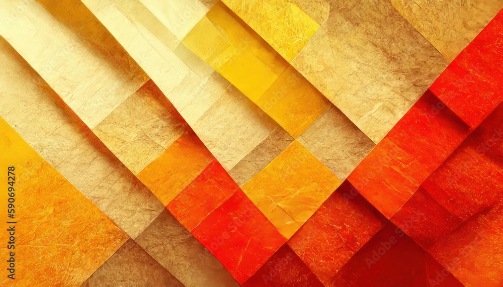 Yellow orange red abstract background for design. Geometric shapes. Triangles, squares, stripes, lines. Color gradient. Modern, futuristic. Light dark shades. Web banner, Generative AI