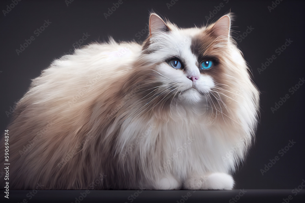 Close up portrait of a gorgeous fluffy ragdoll cat with blue eyes, generative AI