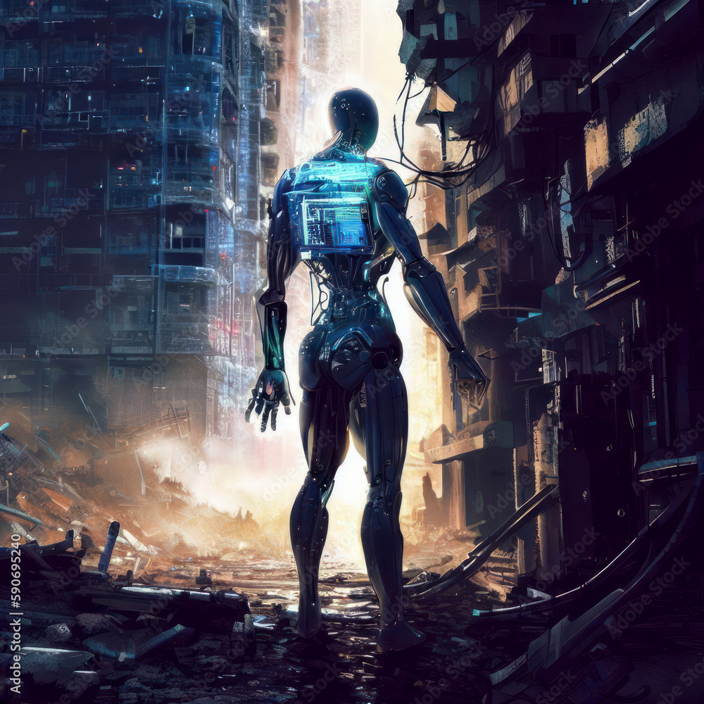 Cyborg robot in a ruined dystopian city, post apocalyptic cyberpunk illustration, generative AI