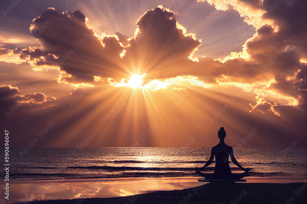 Woman practices yoga and meditation on the beach at sunset, back view, generative AI