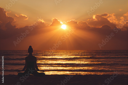 Woman practices yoga and meditation on the beach at sunset, back view, generative AI