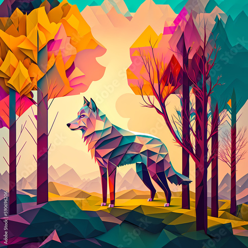 Wolf Full Colours Painting Illustration. Generative AI