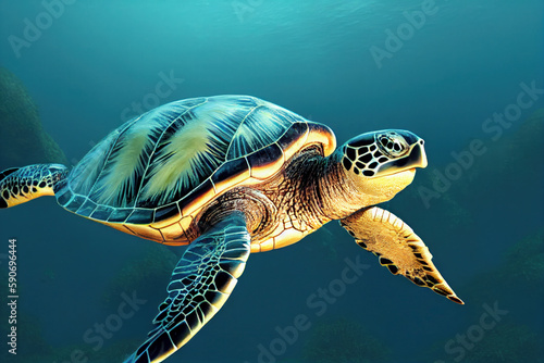 Sea turtle underneath the turquoise water in the ocean, sunlight shining through from above, generative AI