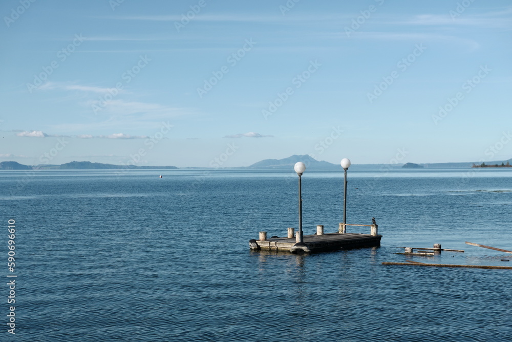 View of lake Taupo in New Zealand with floating platform