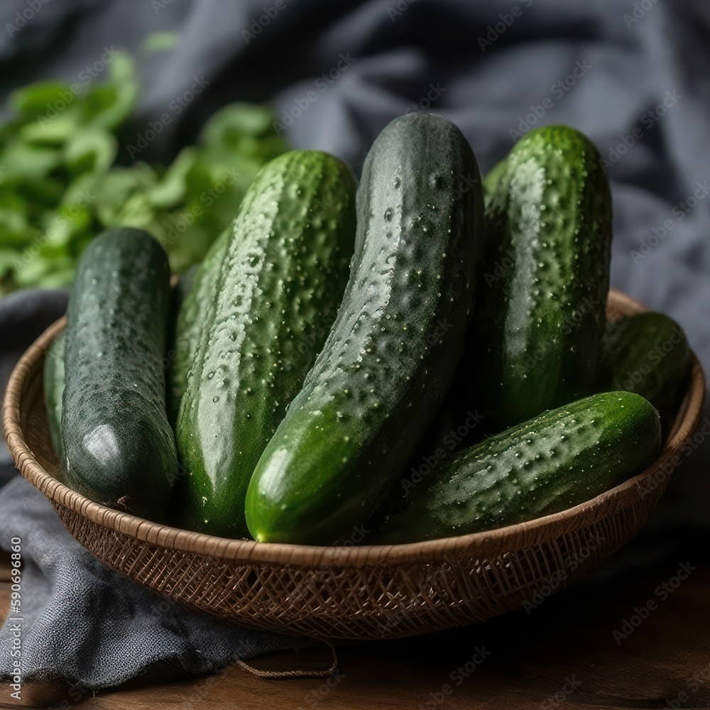 Several cucumbers on a black background, Generative AI Several cucumbers on a black background, Generative AI