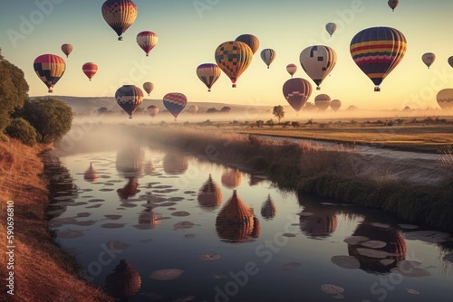 A landscape full of beautiful balloons panorama, Generative AI