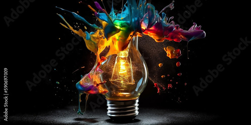 Colorful explosion of creativity in a shattered light bulb