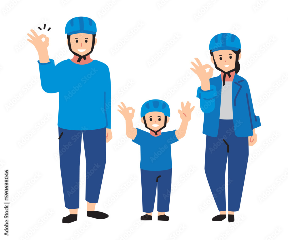 Three parent and child wearing a helmet No main line