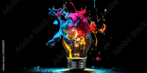 Creative concept with exploding light bulb and paint