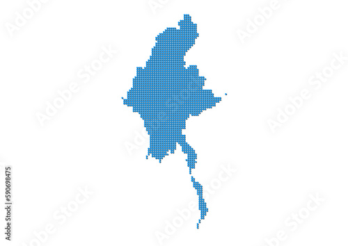 An abstract representation of Myanmar, vector Myanmar map made using a mosaic of blue dots with shadows. Illlustration suitable for digital editing and large size prints. 