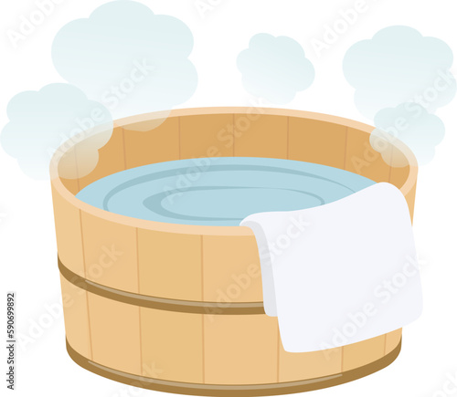 お湯の入った風呂桶とタオル_ベクターイラスト