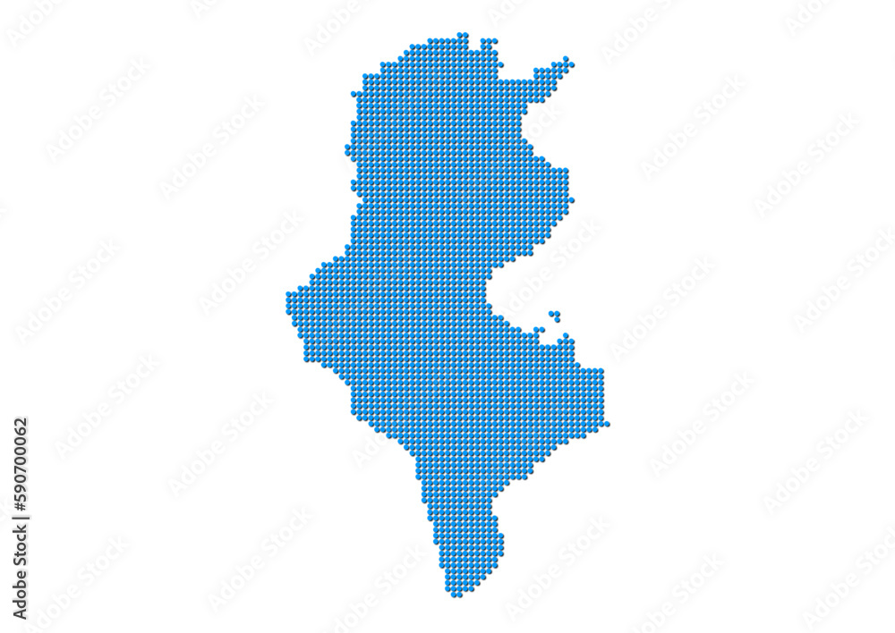 An abstract representation of Tunisia, vector Tunisia map made using a mosaic of blue dots with shadows. Illlustration suitable for digital editing and large size prints. 