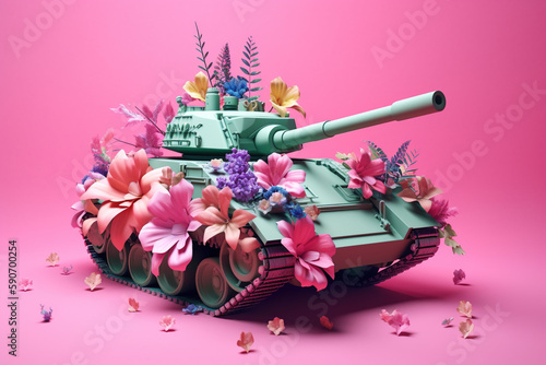 A Juxtaposition of Beauty and Brutality: A Tank Amongst Spring Florals in an Abstract Artwork. Generative ai.