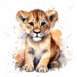 cute small baby lion, water color, pastel  color on white background