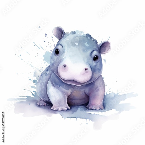 cute small baby hippo, water color, pastel  color with white background, generat ai © MdImam