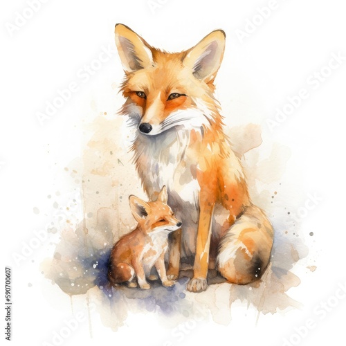 free fox mother with fox child water color, pastel ,white background , generat ai © MdImam