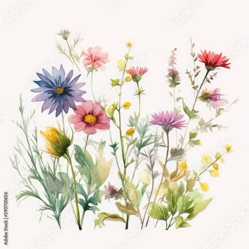 free meadow flowers water color  pastel  white background   generat ai