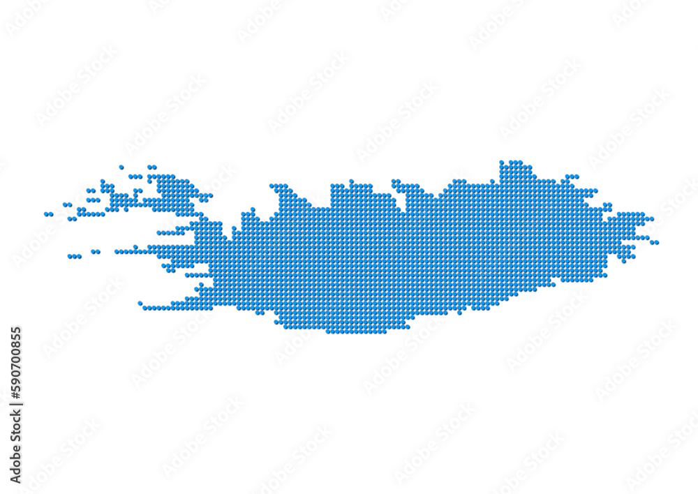 An abstract representation of Iceland, vector Iceland map made using a mosaic of blue dots with shadows. Illlustration suitable for digital editing and large size prints. 