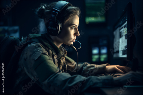 Military Surveillance Officer in Headset Working in a Central Office Hub for Cyber Operations, Control and Monitoring for Managing National Security, Technology and Army Communications. Generative AI