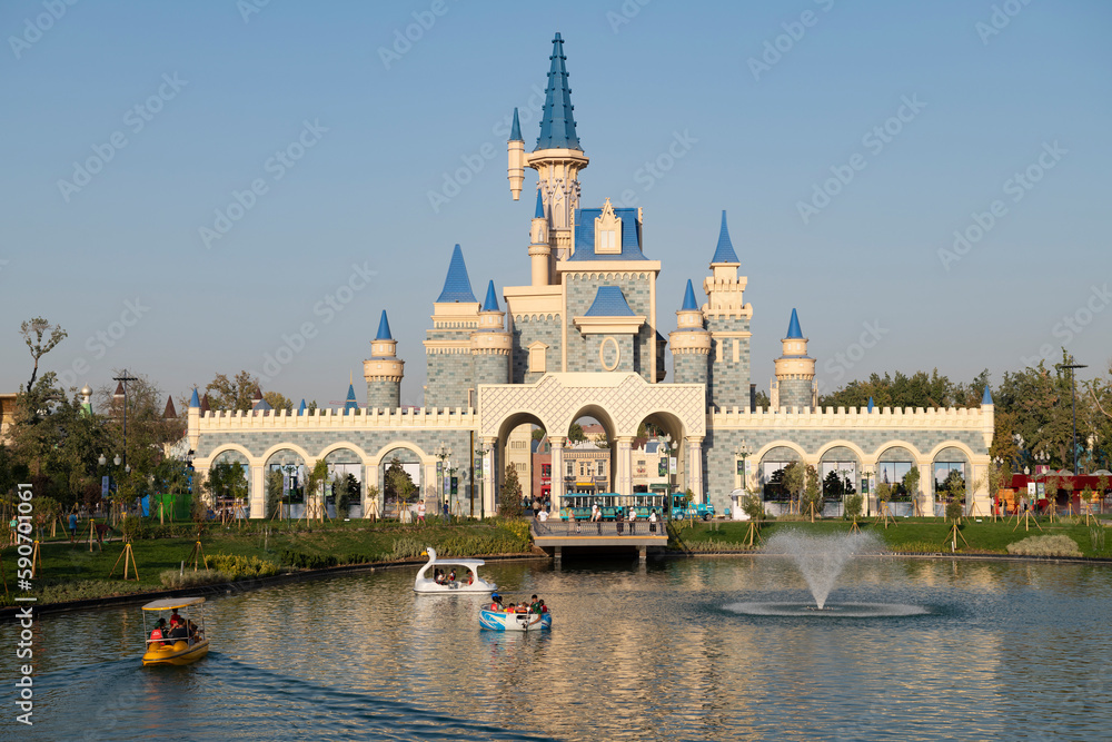 Fairytale castle in Magic City entertainment town on a September afternoon. Tashkent