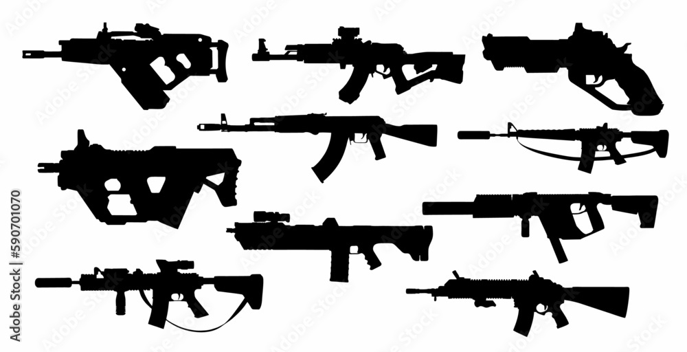 vector silhouettes of guns, modern pistols collection