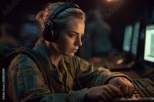 Military Surveillance Officer in Headset Working in a Central Office Hub for Cyber Operations, Control and Monitoring for Managing National Security, Technology and Army Communications. Generative AI © Jandrie Lombard