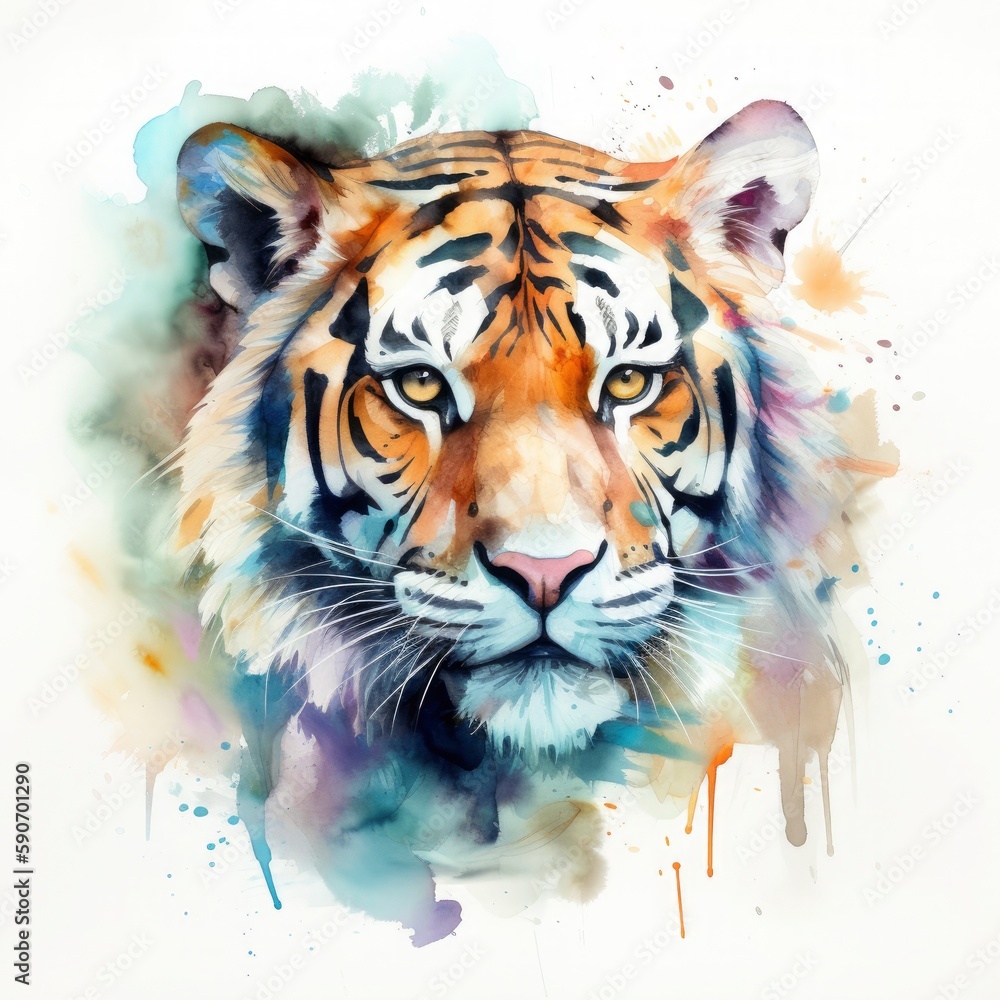 watercolor painting of a tiger with beautiful natural forms with crisp clean shapes, colorful on white background, Generate Ai