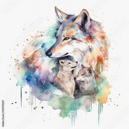 free wolf mother with wolf child water color, pastel ,white background , generat ai