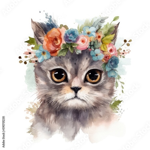 cat with flowers on head, watercolor and pastel colors, generat ai