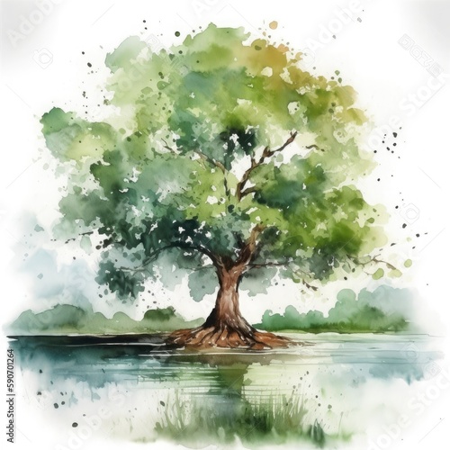 meedow  one tree  water color  pastel color with white background  generat ai