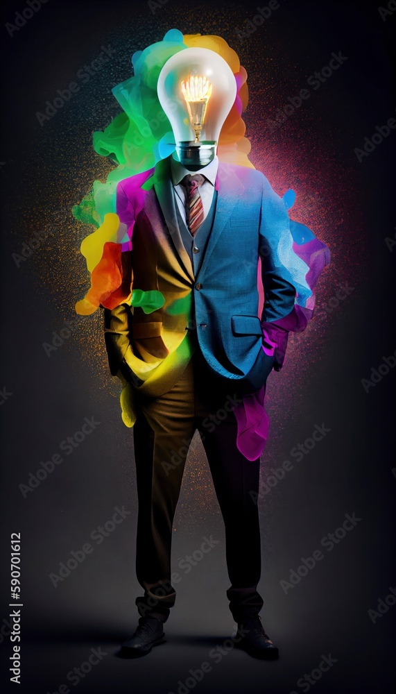a huge light bulb wearing a suit, colorful lighting, generat ai