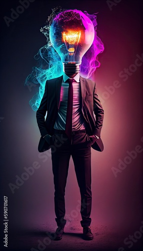 a huge light bulb wearing a suit, colorful lighting, generat ai