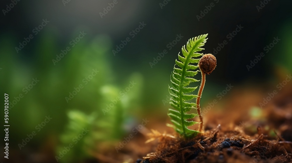 Young fern sprout realistic illustration with isolated blurry background