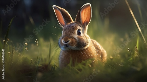 Cute bunny playing in the grass with morning dew drops and isolated blur background