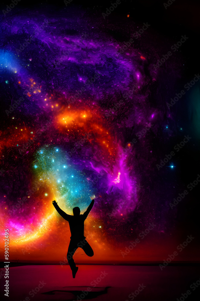 silhouette of a dancing man with cosmic background