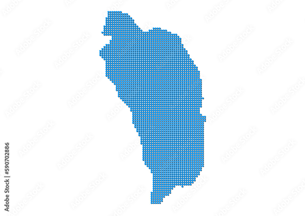 An abstract representation of Dominica, vector Dominica map made using a mosaic of blue dots with shadows. Illlustration suitable for digital editing and large size prints. 