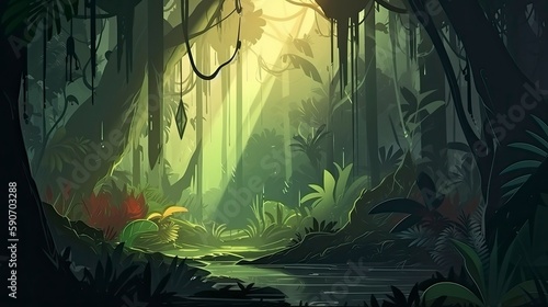 Jungle with trees scene in a cartoon theme, generat ai