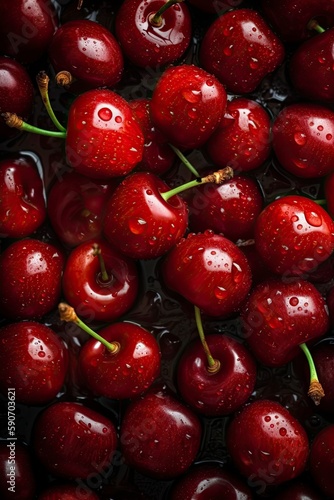 lots of ripe red cherrys, visible drops of water Seamless background, generat ai