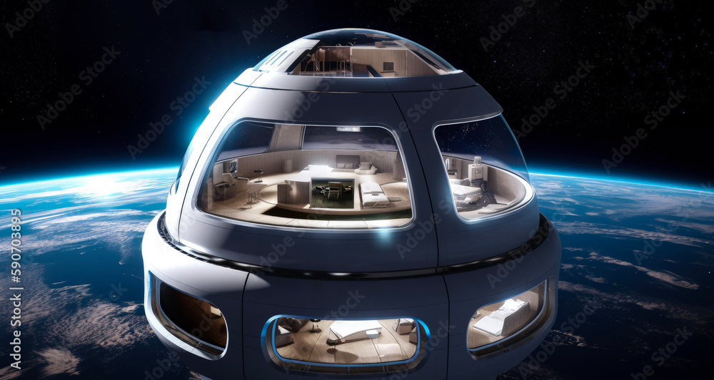 Futuristic space tourism retreat, a luxurious orbital hotel with