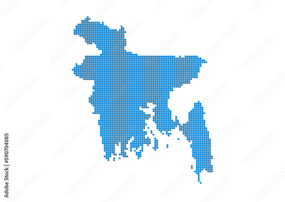 An abstract representation of Bangladesh, vector Bangladesh map made using a mosaic of blue dots with shadows. Illlustration suitable for digital editing and large size prints. 