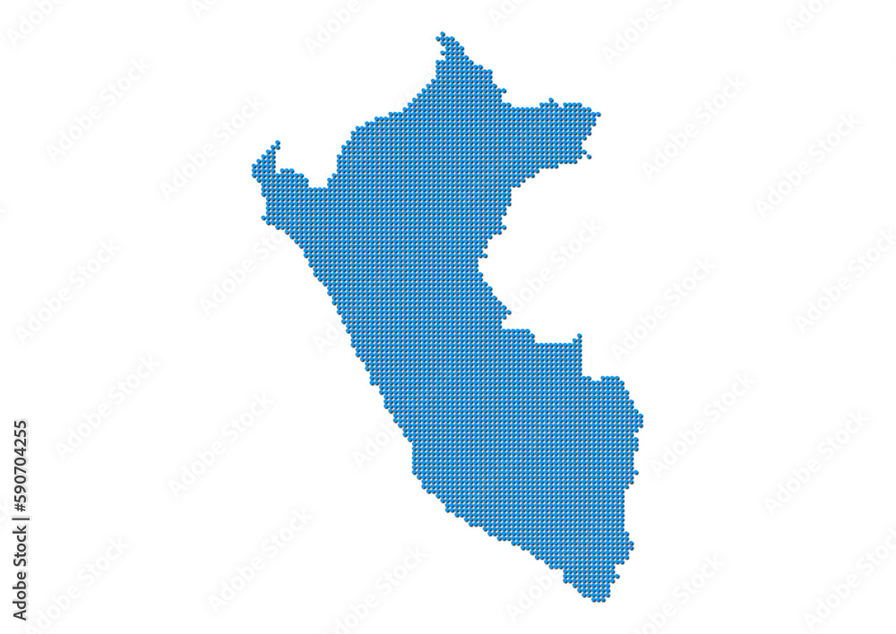 An abstract representation of Peru, vector Peru map made using a mosaic of blue dots with shadows. Illlustration suitable for digital editing and large size prints. 