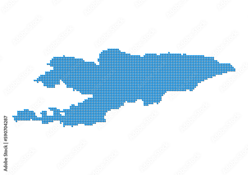 An abstract representation of Kyrgyzstan, vector Kyrgyzstan map made using a mosaic of blue dots with shadows. Illlustration suitable for digital editing and large size prints. 